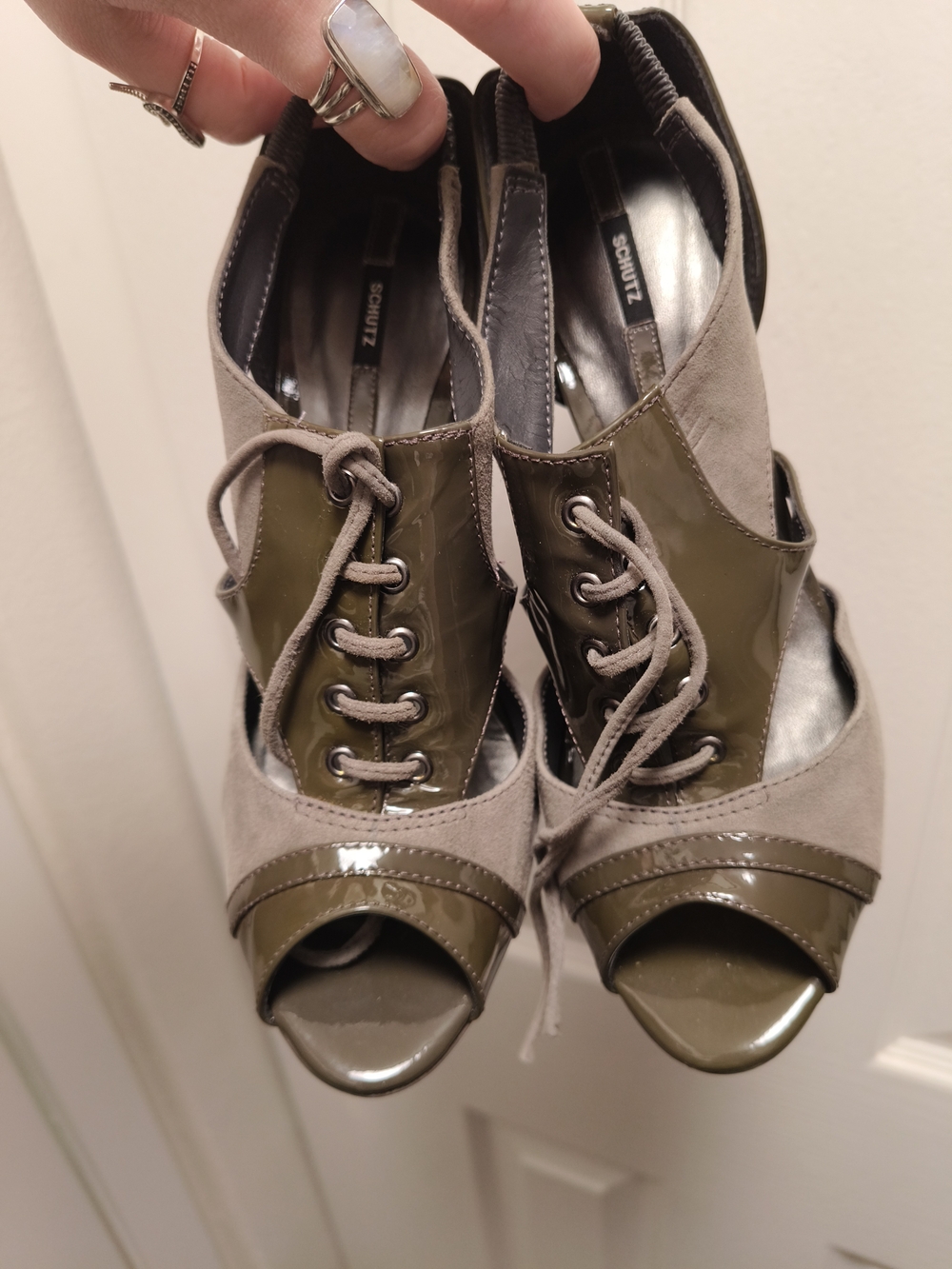 SCHUTZ Olive Green Suede & Patent Leather Lace-Up Peep-Toe Heels Y2K Office Vibe